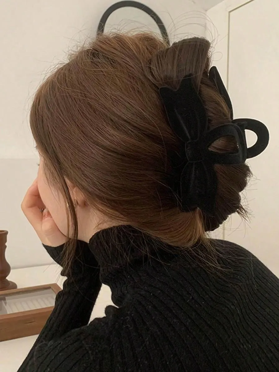 1 Agarre Para El Cabello Con Textura Aterciopelada Para Mujeres! Forma De Clip De Tiburon Con Arco, Clip De Cabello Exquisito De Estilo Coreano En La Parte Posterior De La Cabeza