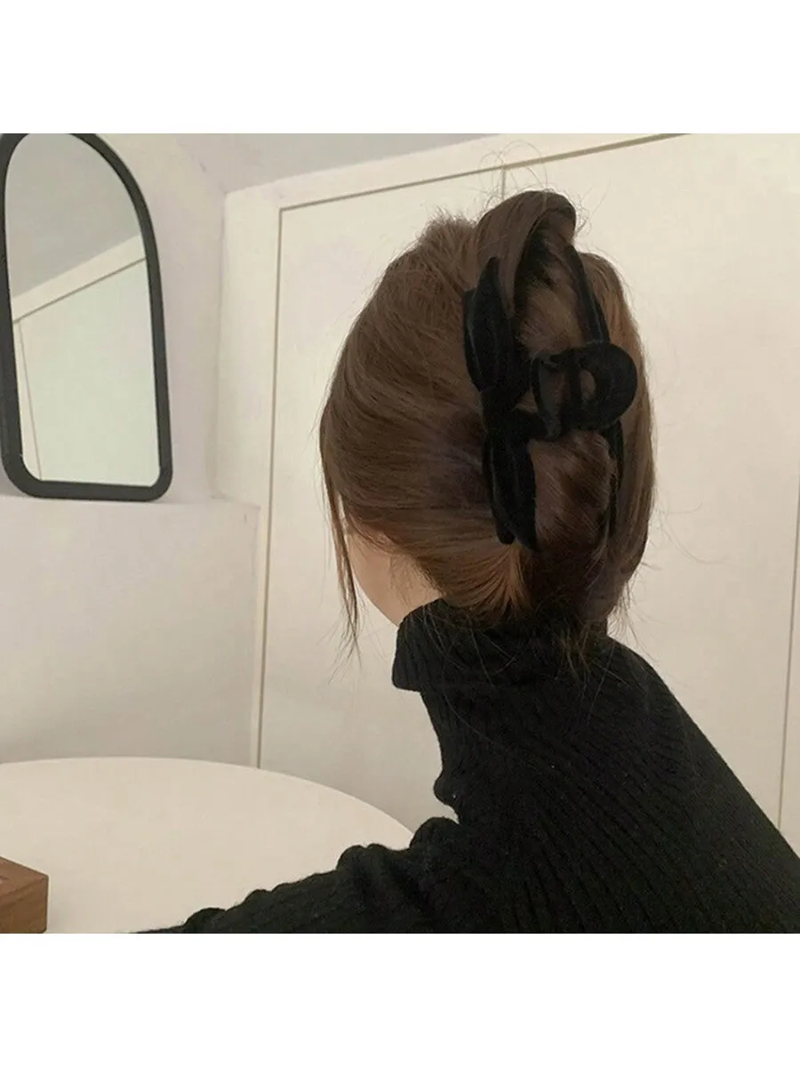 1 Agarre Para El Cabello Con Textura Aterciopelada Para Mujeres! Forma De Clip De Tiburon Con Arco, Clip De Cabello Exquisito De Estilo Coreano En La Parte Posterior De La Cabeza