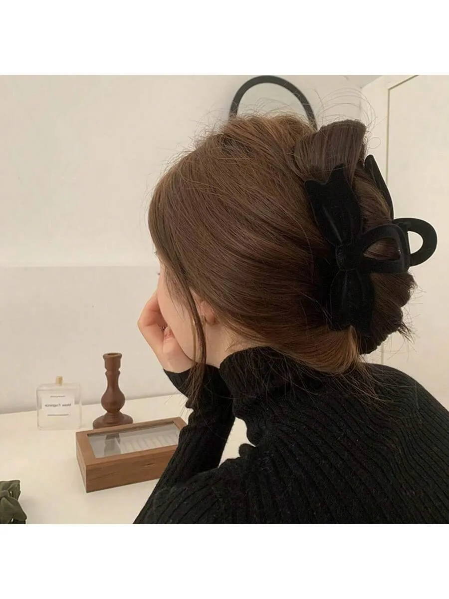 1 Agarre Para El Cabello Con Textura Aterciopelada Para Mujeres! Forma De Clip De Tiburon Con Arco, Clip De Cabello Exquisito De Estilo Coreano En La Parte Posterior De La Cabeza