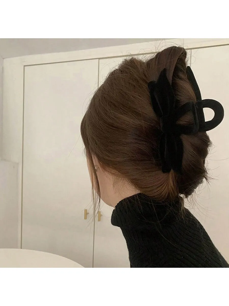 1 Agarre Para El Cabello Con Textura Aterciopelada Para Mujeres! Forma De Clip De Tiburon Con Arco, Clip De Cabello Exquisito De Estilo Coreano En La Parte Posterior De La Cabeza