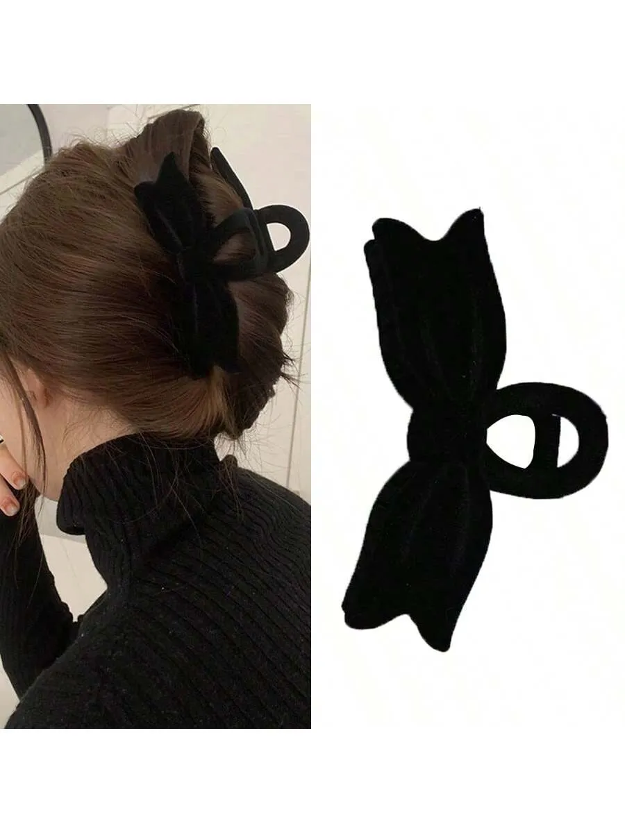 1 Agarre Para El Cabello Con Textura Aterciopelada Para Mujeres! Forma De Clip De Tiburon Con Arco, Clip De Cabello Exquisito De Estilo Coreano En La Parte Posterior De La Cabeza