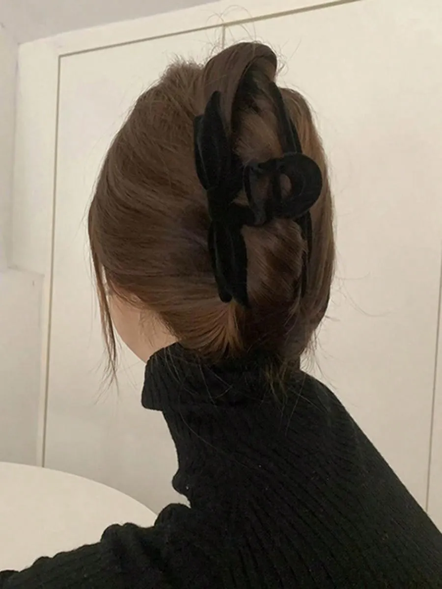 1 Agarre Para El Cabello Con Textura Aterciopelada Para Mujeres! Forma De Clip De Tiburon Con Arco, Clip De Cabello Exquisito De Estilo Coreano En La Parte Posterior De La Cabeza