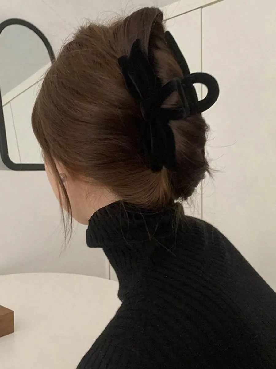 1 Agarre Para El Cabello Con Textura Aterciopelada Para Mujeres! Forma De Clip De Tiburon Con Arco, Clip De Cabello Exquisito De Estilo Coreano En La Parte Posterior De La Cabeza