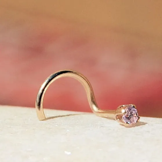 2mm Pink Gemstone Nose Stud Set in Yellow Gold