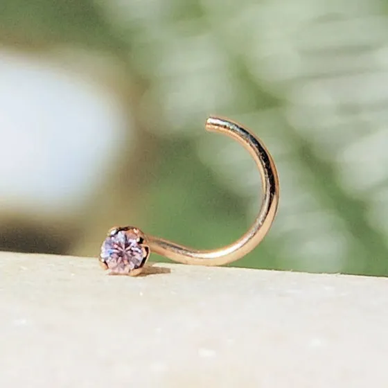 2mm Pink Gemstone Nose Stud Set in Yellow Gold