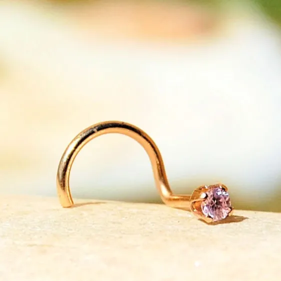 2mm Pink Gemstone Nose Stud Set in Yellow Gold