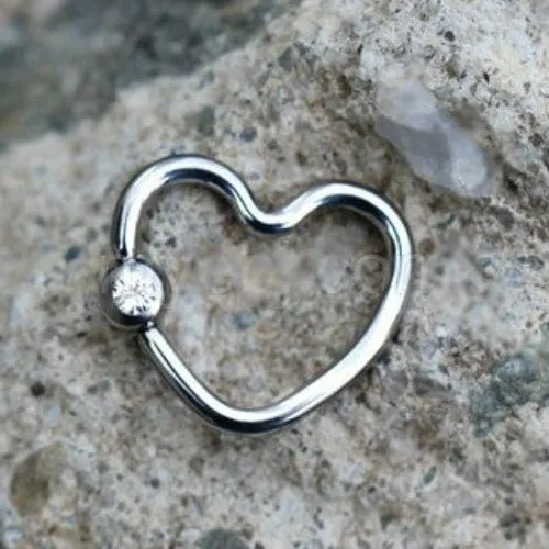 316L Stainless Steel Heart Captive Bead Ring with Clear CZ