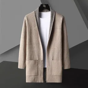 Autumn Casual Fashion Men's Striped O-Neck Knitted Long Cardigan Jacket