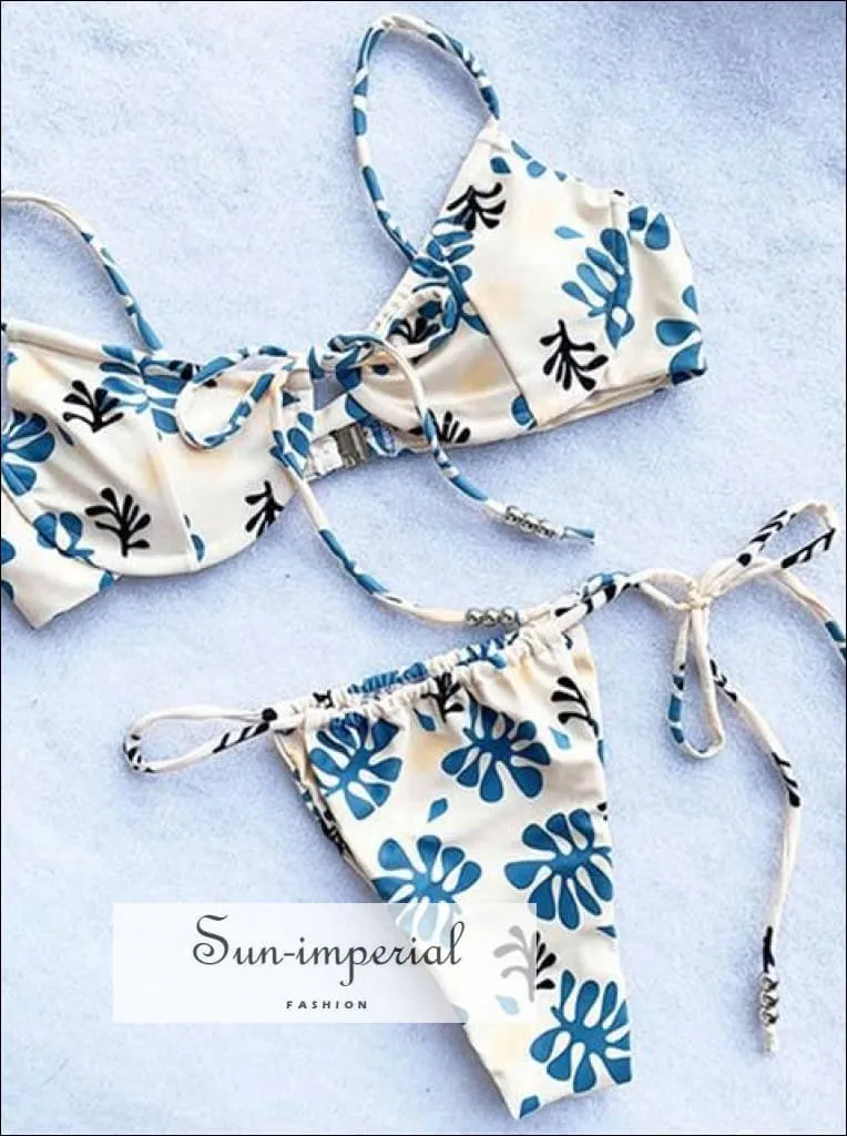 Beige Blue Floral Print Center Bow Tie Underwired Bikini Set High Cut side Tie Brazilian Ruched Thong