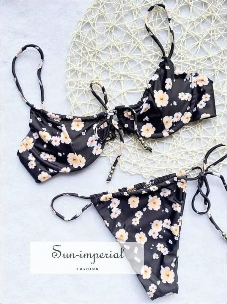 Beige Blue Floral Print Center Bow Tie Underwired Bikini Set High Cut side Tie Brazilian Ruched Thong