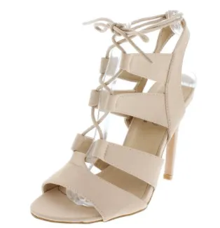 BEIGE CAGED LACE-UP OPEN TOE