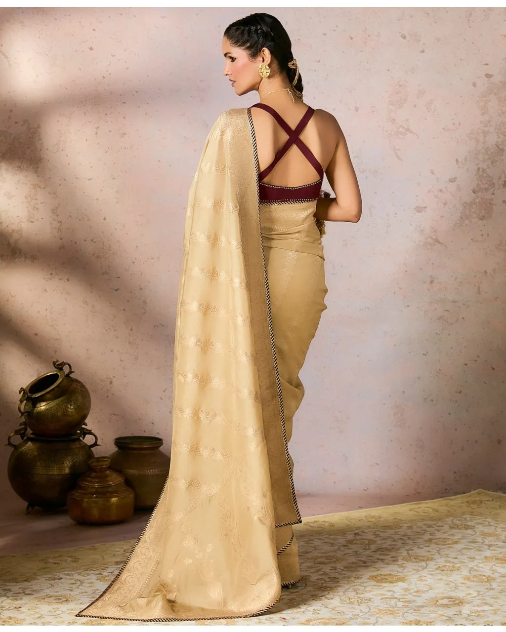 Beige Jacquard Sari Set