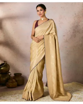 Beige Jacquard Sari Set