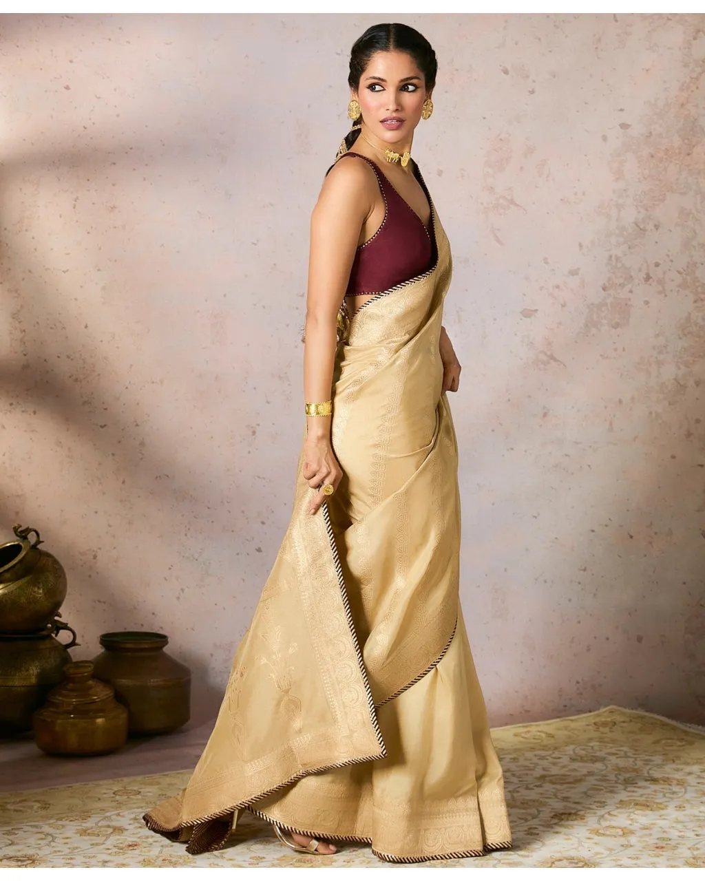 Beige Jacquard Sari Set