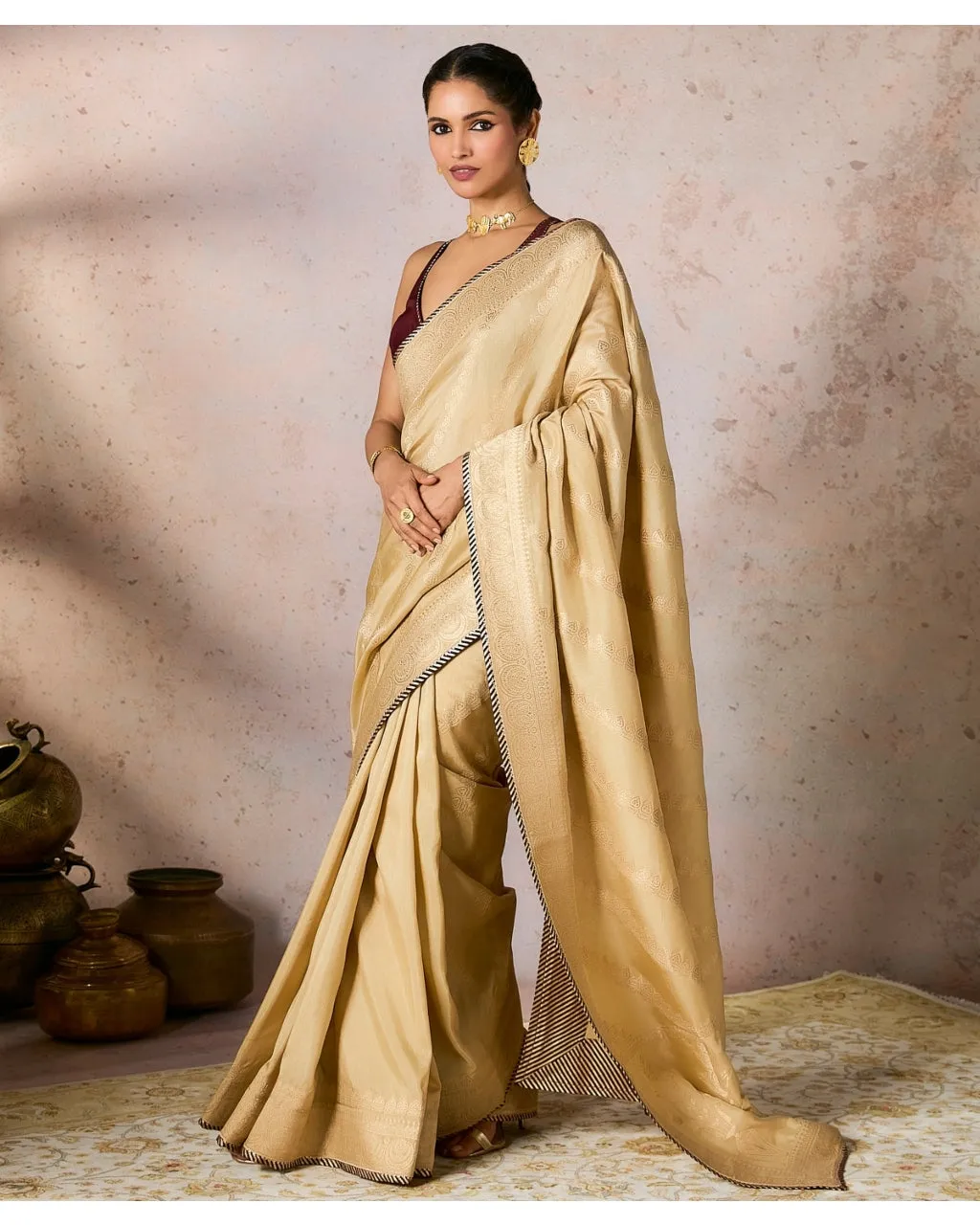 Beige Jacquard Sari Set