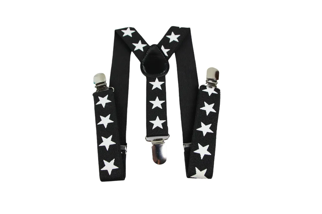 Boys Adjustable Black With Large White Stars Patterned Suspenders