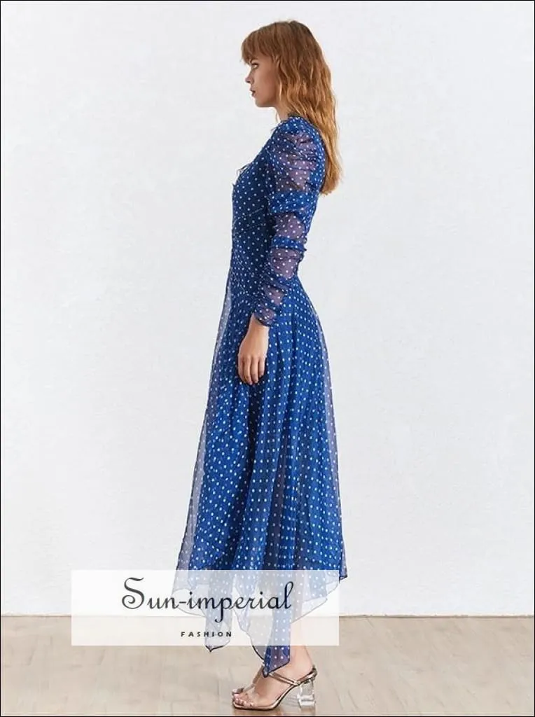 Fort-de-france Dress - Polka Dot Dress for Women V Neck Patchwork Lace Long Sleeve High Waist Long