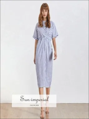 Freya Dress- Summer Striped Women Dress O Neck Short Sleeve Lace up Split Midi Dress