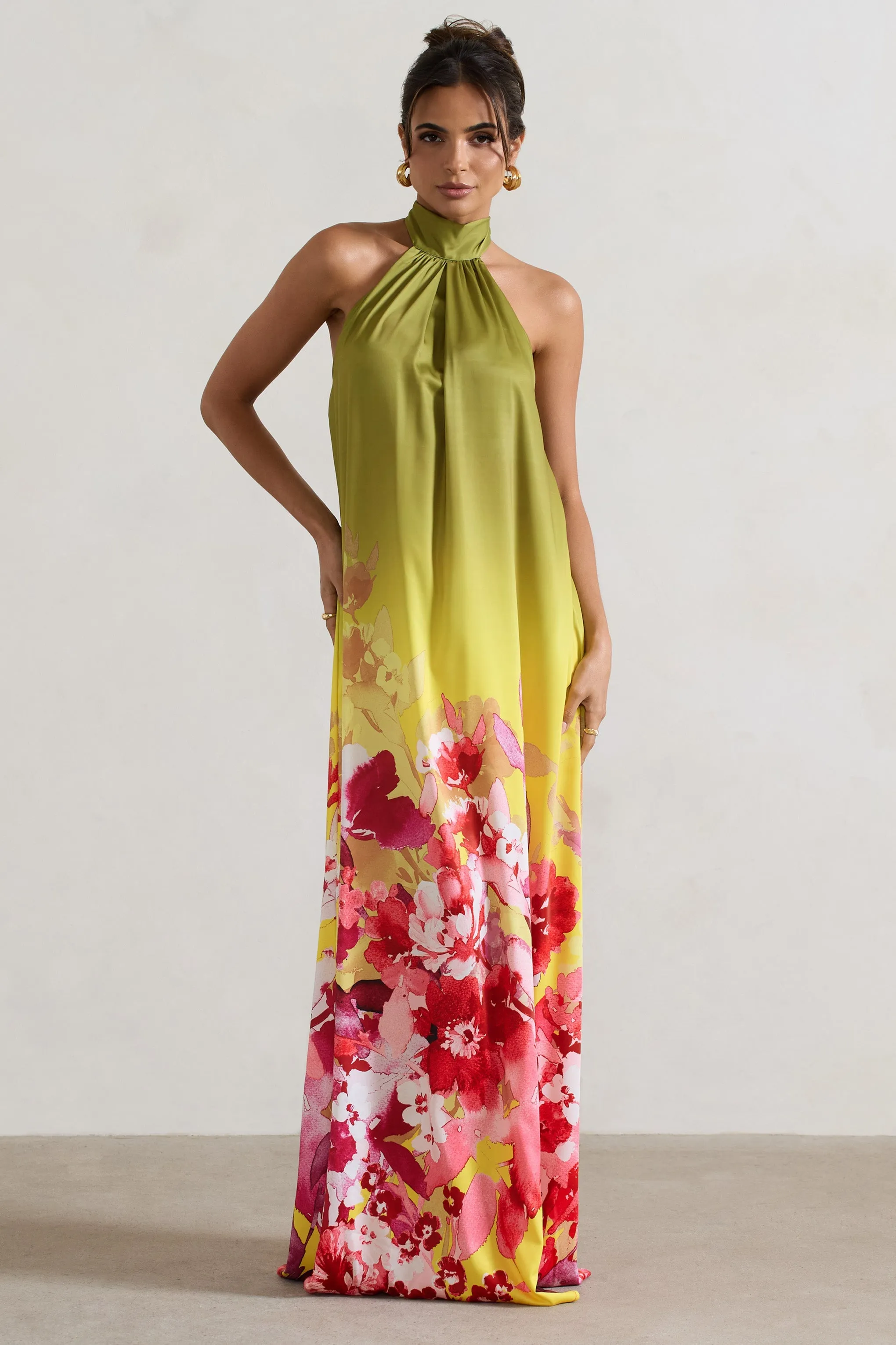 Gloriana | Robe longue en satin fleuri rose et vert à encolure haute