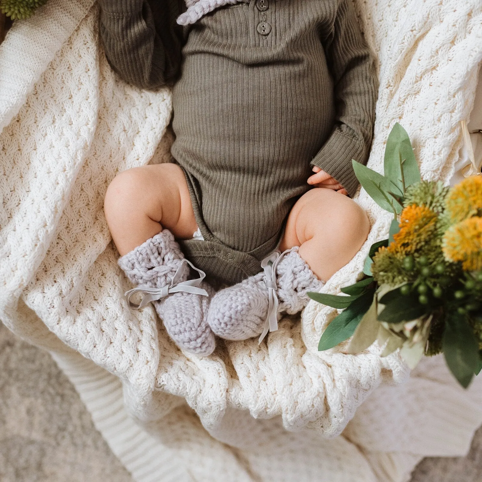 Grey Merino Wool Bonnet & Booties Set