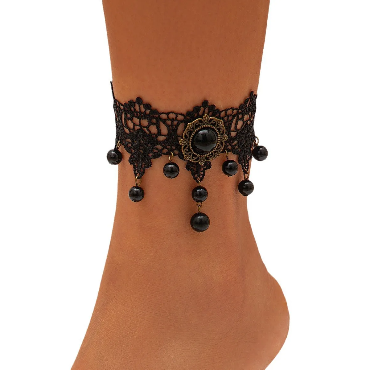 Halloween Gothic style black lace tassel vampire alloy ankle chain