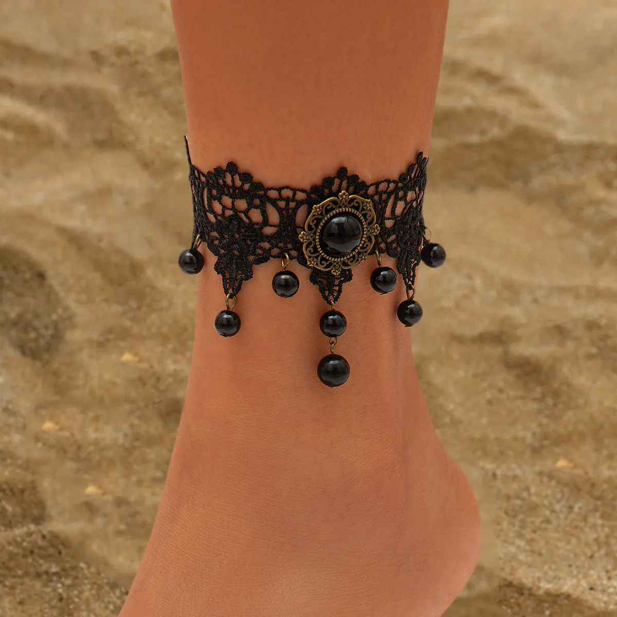 Halloween Gothic style black lace tassel vampire alloy ankle chain