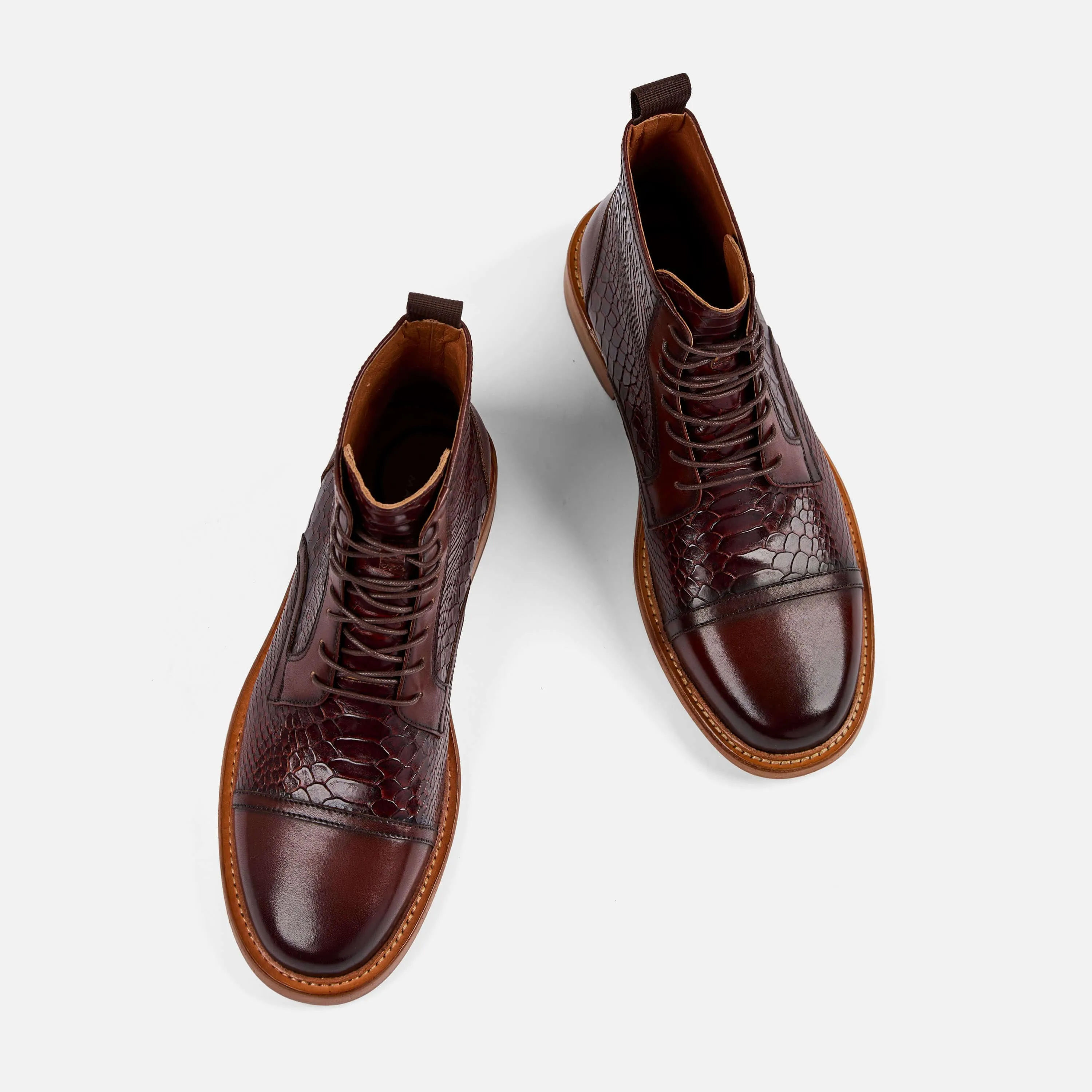 Lincoln Mahogany Snakeskin Leather Cap Toe Boots