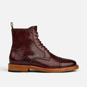 Lincoln Mahogany Snakeskin Leather Cap Toe Boots