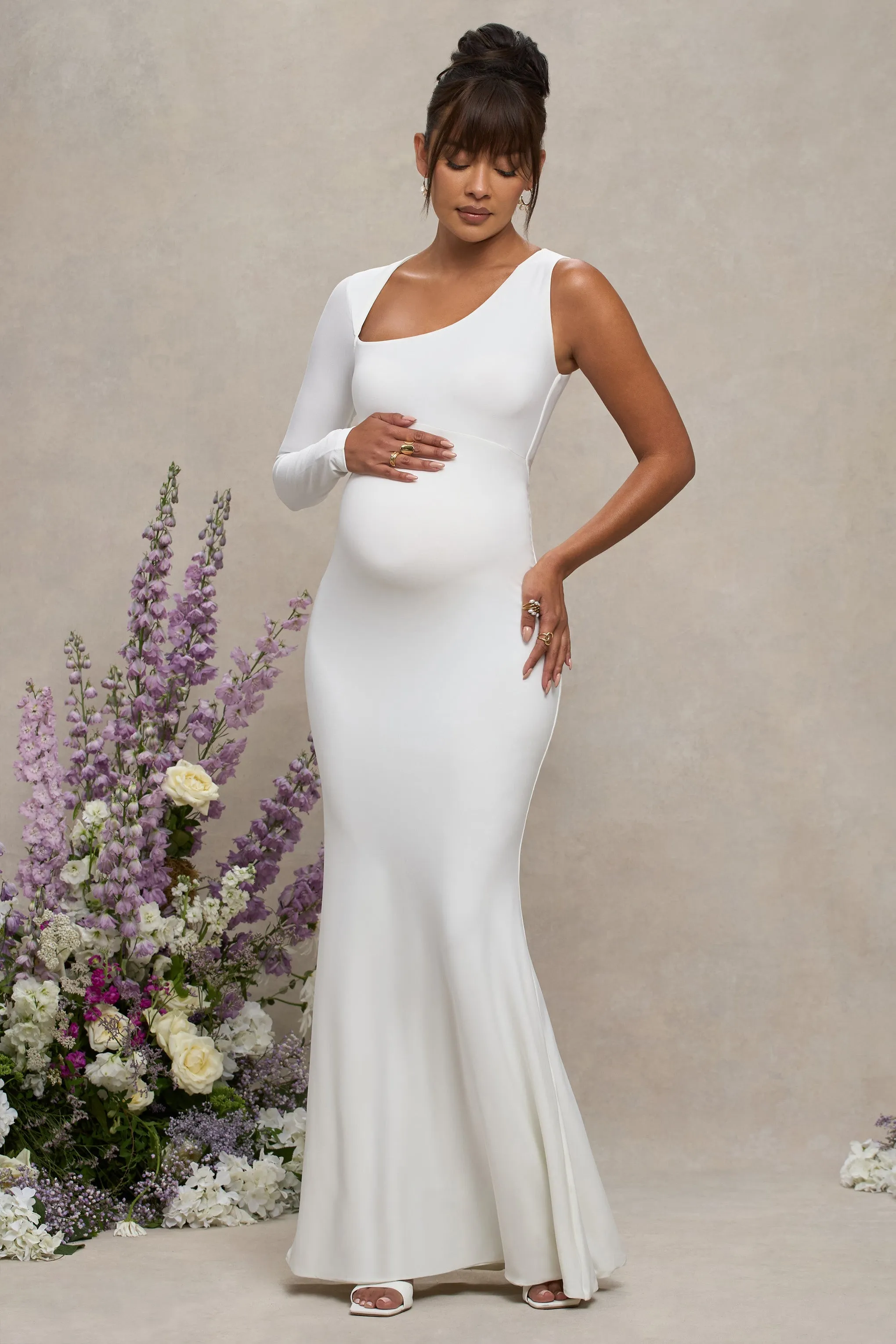 Oh Baby | Robe longue moulante de grossesse blanche asymetrique