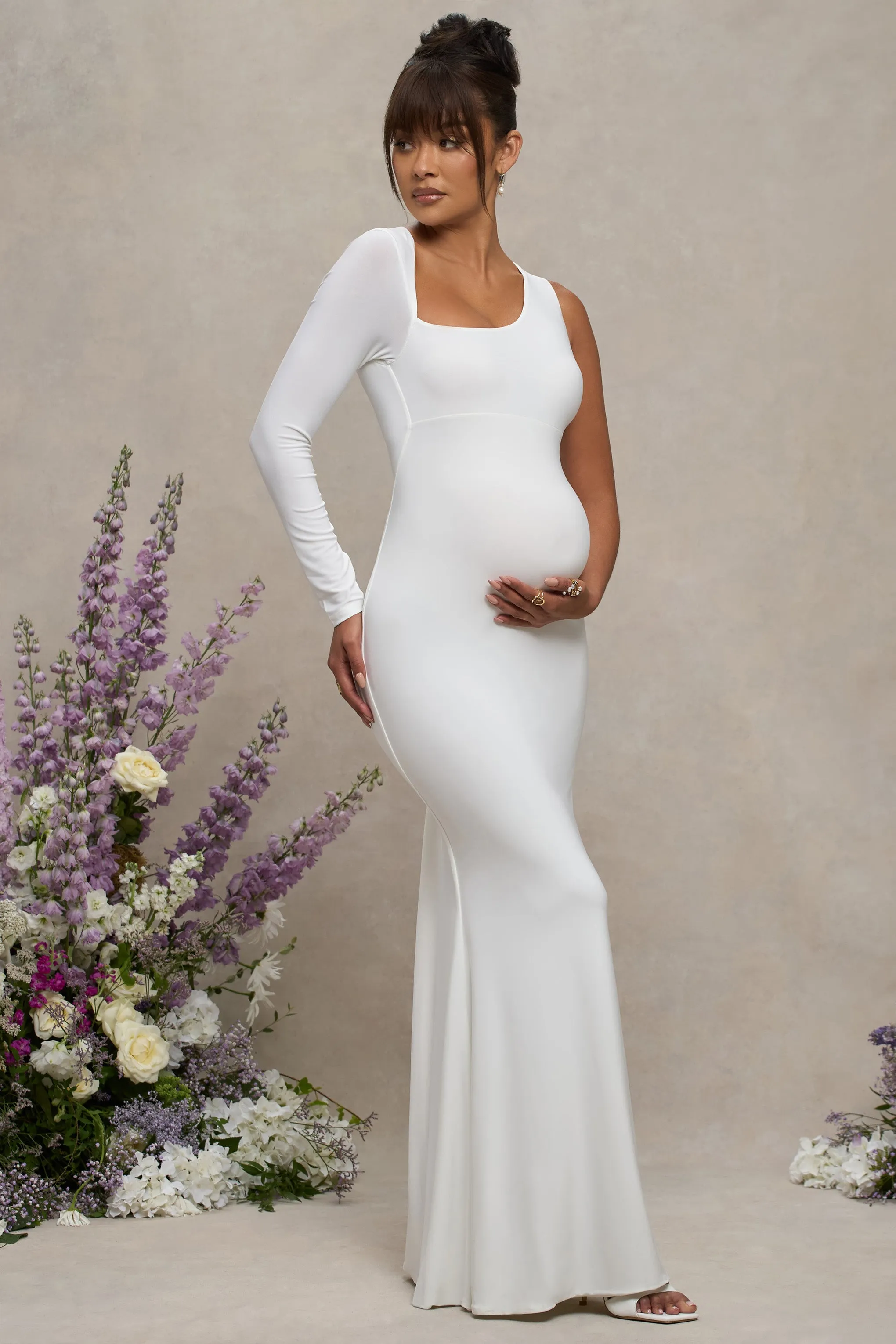 Oh Baby | Robe longue moulante de grossesse blanche asymetrique