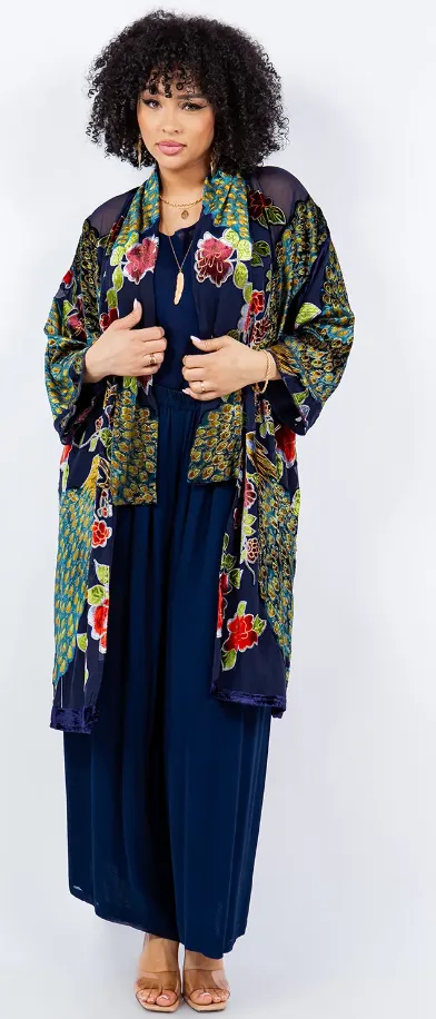 Velvet Sunheart Peacock Boho Long Jacket Hippie Chic Resort Wear Sml-2X 