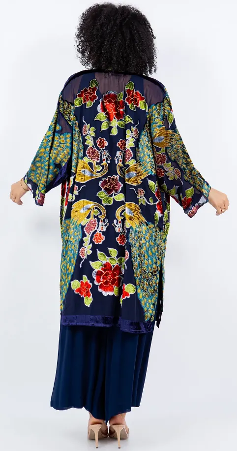 Velvet Sunheart Peacock Boho Long Jacket Hippie Chic Resort Wear Sml-2X 