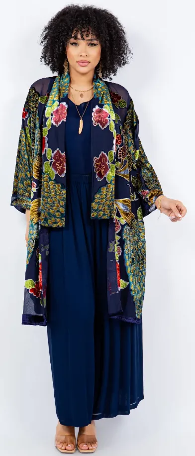 Velvet Sunheart Peacock Boho Long Jacket Hippie Chic Resort Wear Sml-2X 